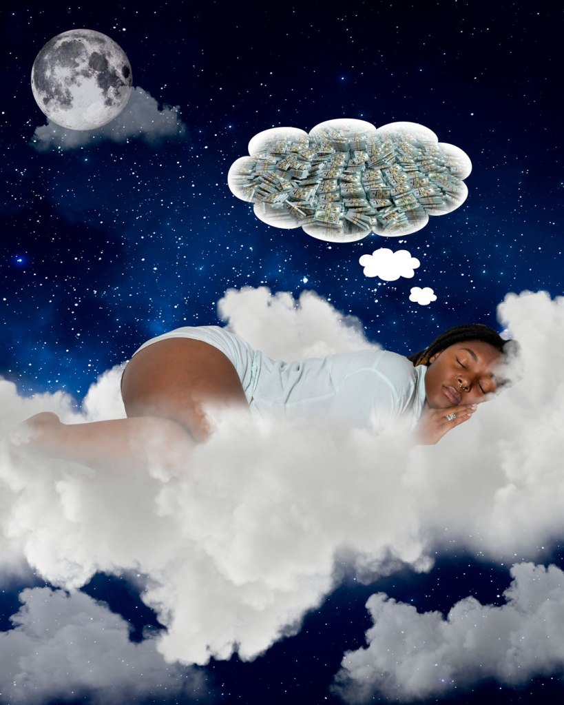 a black woman sleeping in the clouds with thought bubbles indicating that she's dreaming of money